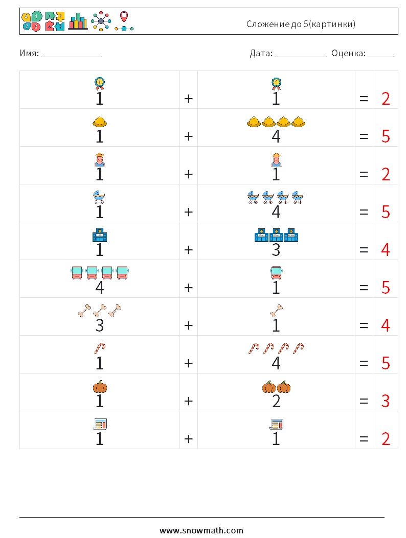 Сложение до 5(картинки) Рабочие листы по математике 5 Вопрос, ответ