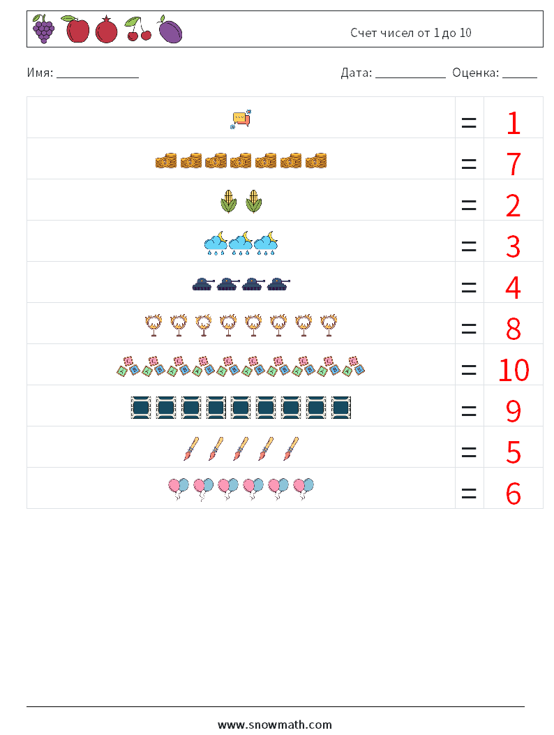 Счет чисел от 1 до 10 Рабочие листы по математике 11 Вопрос, ответ