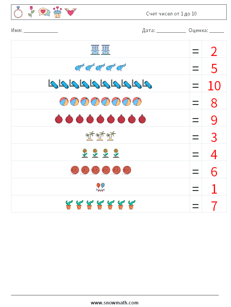 Счет чисел от 1 до 10 Рабочие листы по математике 15 Вопрос, ответ