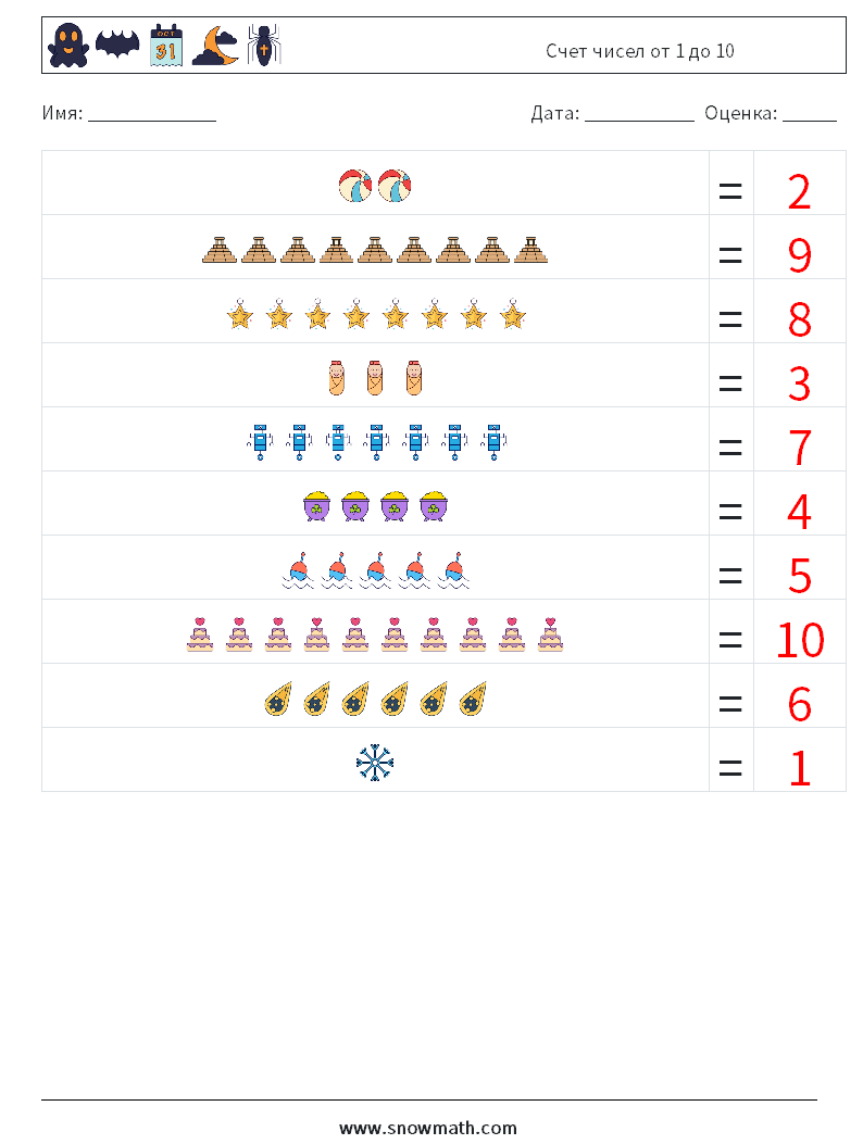 Счет чисел от 1 до 10 Рабочие листы по математике 5 Вопрос, ответ