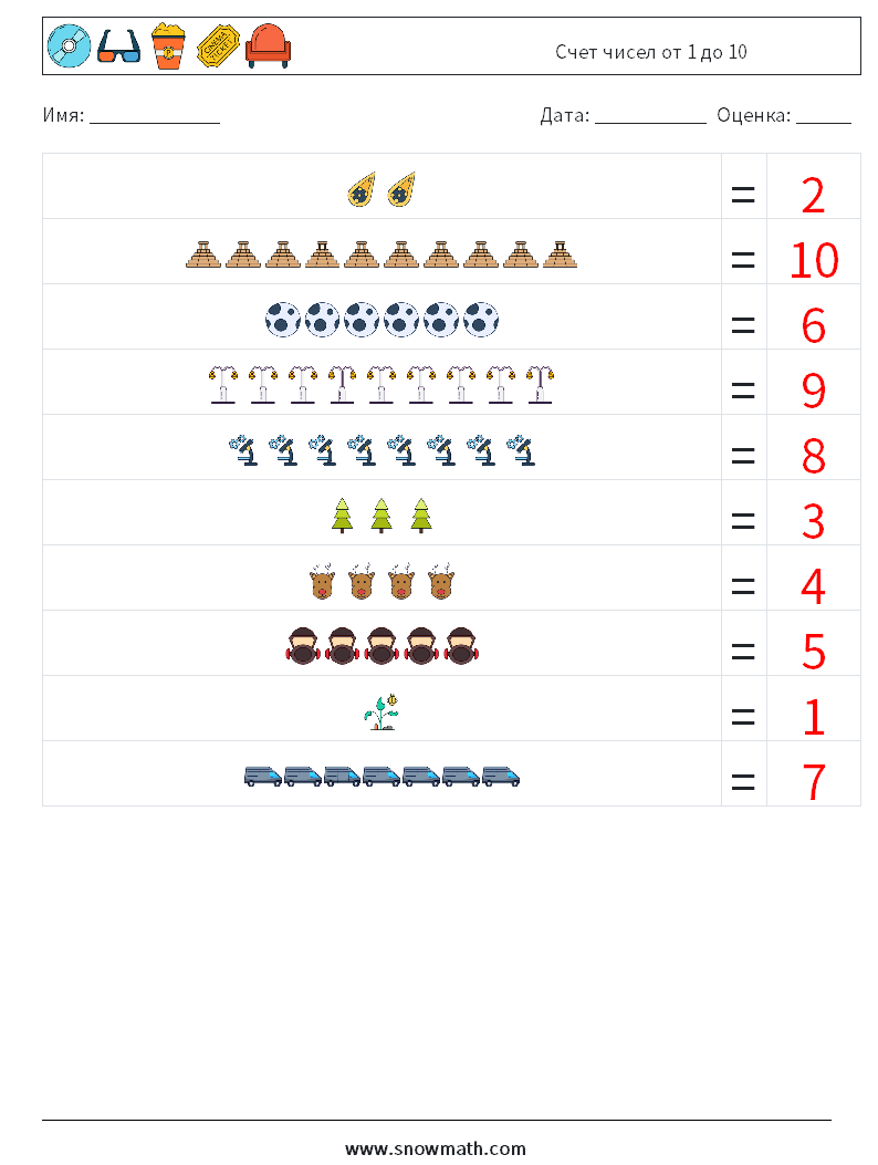 Счет чисел от 1 до 10 Рабочие листы по математике 9 Вопрос, ответ