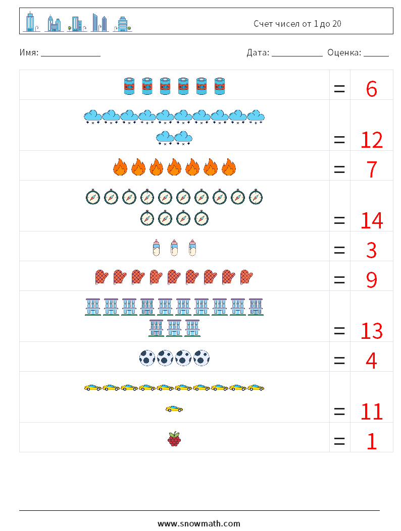 Счет чисел от 1 до 20 Рабочие листы по математике 3 Вопрос, ответ