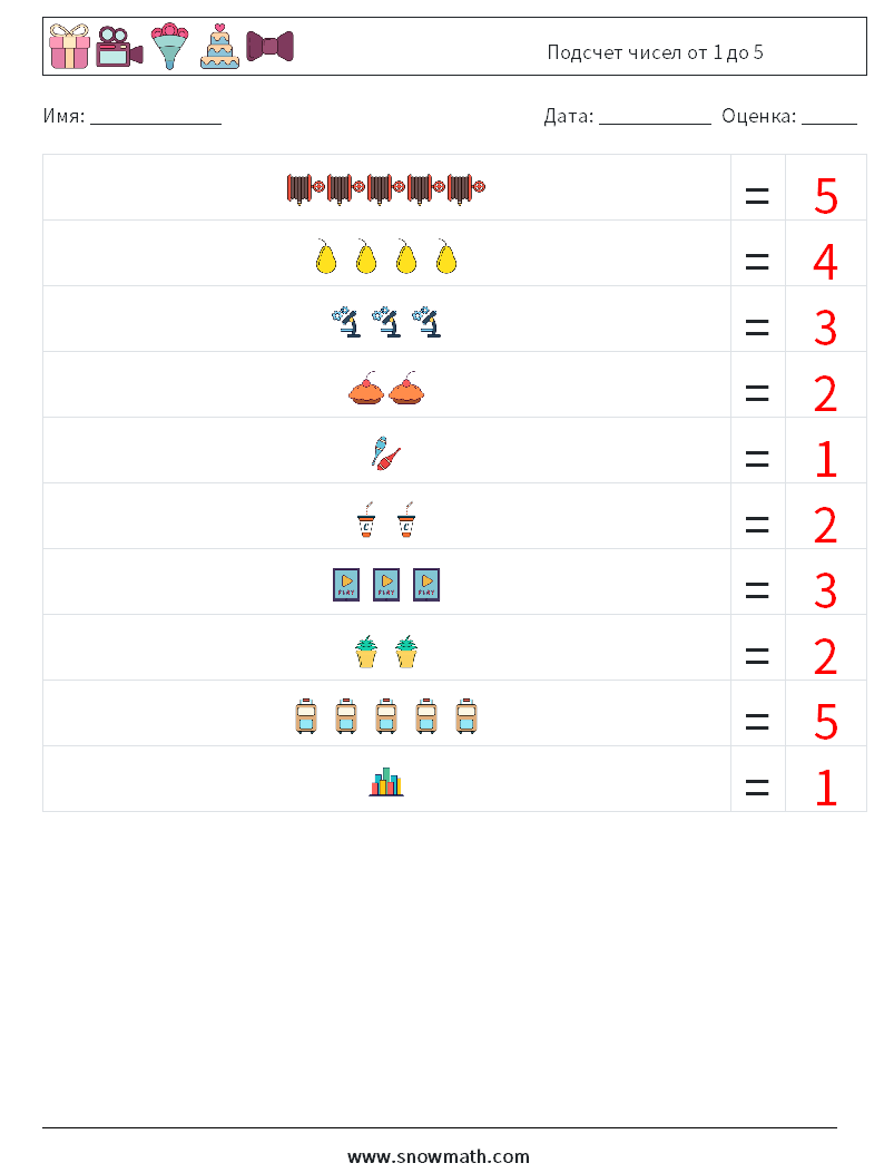 Подсчет чисел от 1 до 5 Рабочие листы по математике 10 Вопрос, ответ