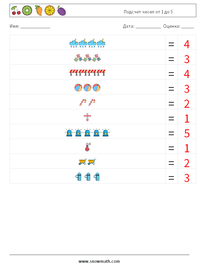 Подсчет чисел от 1 до 5 Рабочие листы по математике 11 Вопрос, ответ