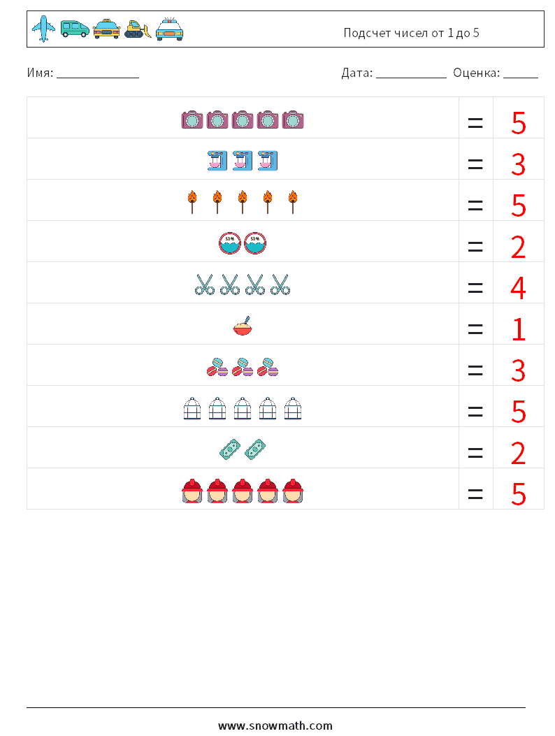 Подсчет чисел от 1 до 5 Рабочие листы по математике 12 Вопрос, ответ