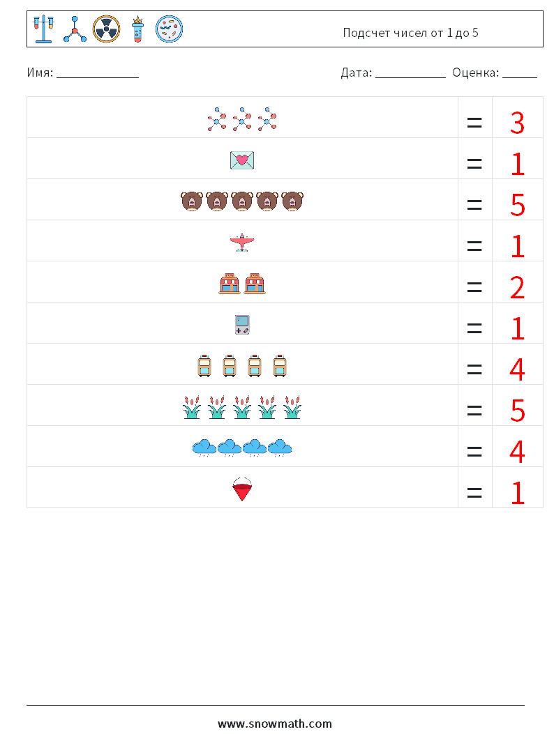 Подсчет чисел от 1 до 5 Рабочие листы по математике 2 Вопрос, ответ