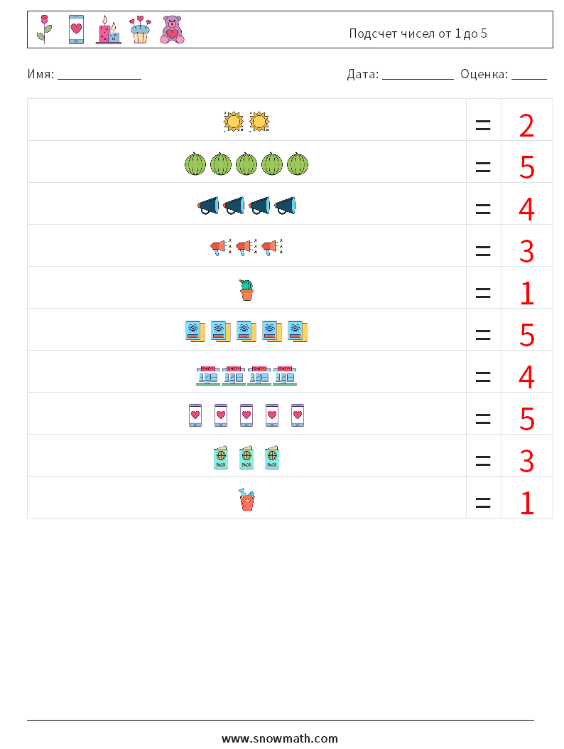 Подсчет чисел от 1 до 5 Рабочие листы по математике 4 Вопрос, ответ