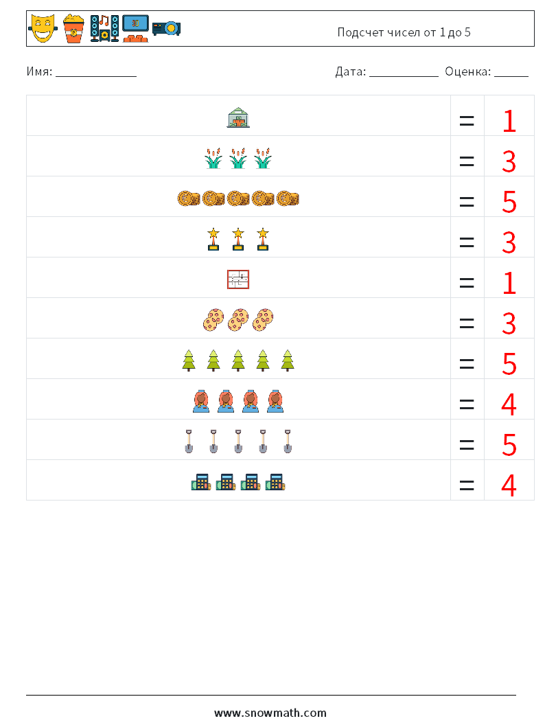 Подсчет чисел от 1 до 5 Рабочие листы по математике 5 Вопрос, ответ