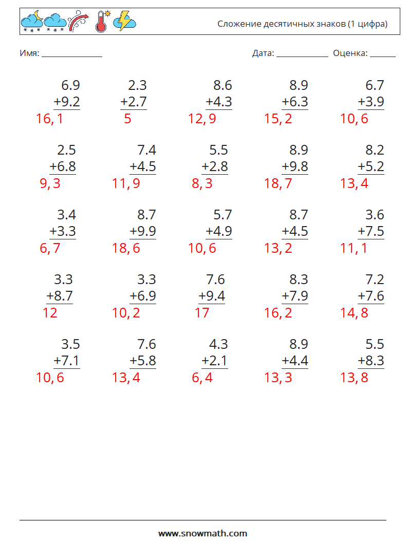 (25) Сложение десятичных знаков (1 цифра) Рабочие листы по математике 10 Вопрос, ответ
