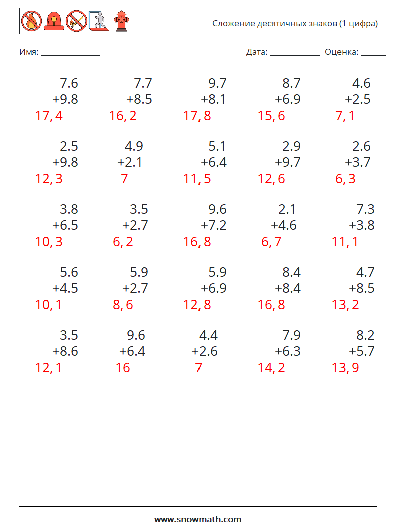 (25) Сложение десятичных знаков (1 цифра) Рабочие листы по математике 17 Вопрос, ответ
