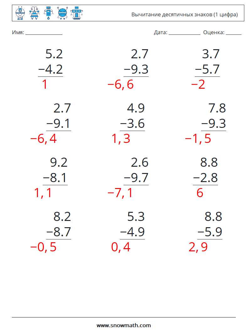 (12) Вычитание десятичных знаков (1 цифра) Рабочие листы по математике 10 Вопрос, ответ