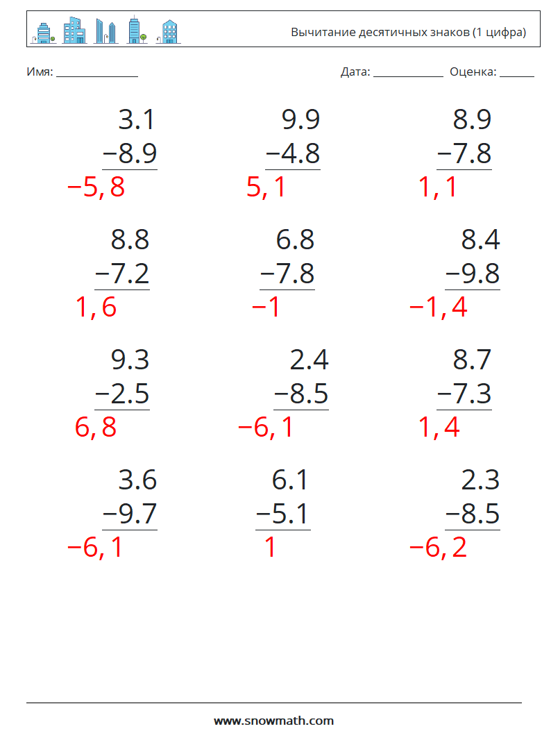 (12) Вычитание десятичных знаков (1 цифра) Рабочие листы по математике 4 Вопрос, ответ