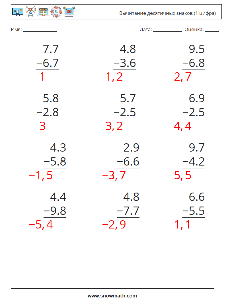 (12) Вычитание десятичных знаков (1 цифра) Рабочие листы по математике 5 Вопрос, ответ