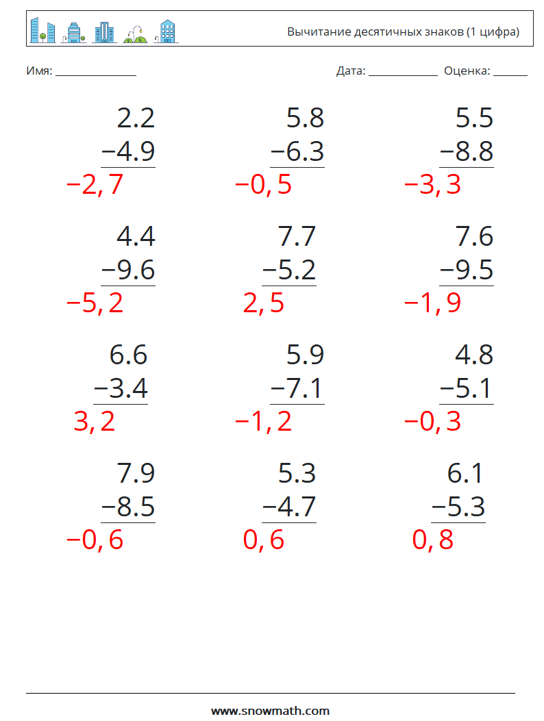 (12) Вычитание десятичных знаков (1 цифра) Рабочие листы по математике 8 Вопрос, ответ