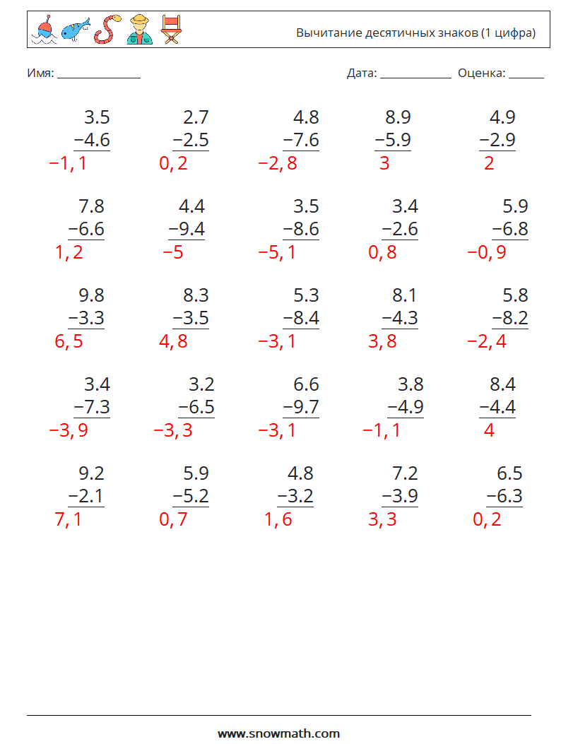 (25) Вычитание десятичных знаков (1 цифра) Рабочие листы по математике 5 Вопрос, ответ