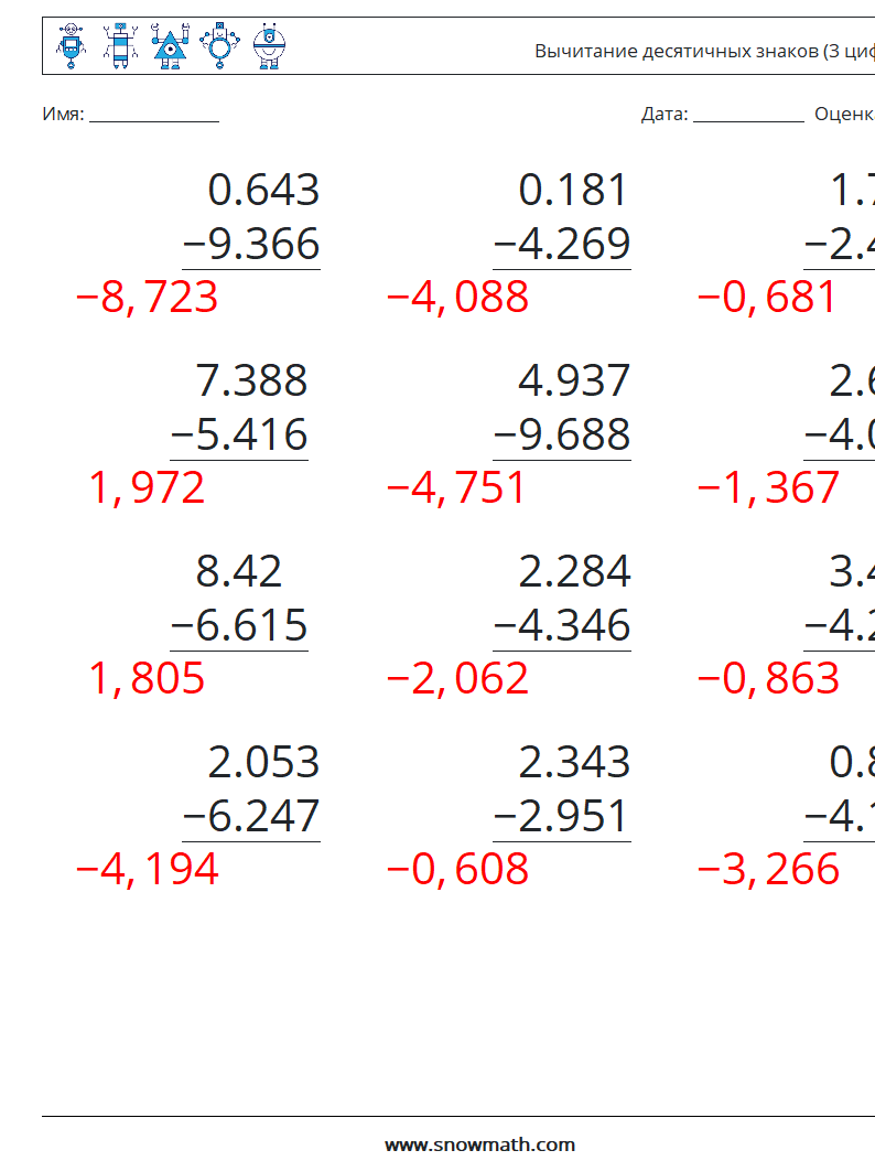 (12) Вычитание десятичных знаков (3 цифры) Рабочие листы по математике 3 Вопрос, ответ