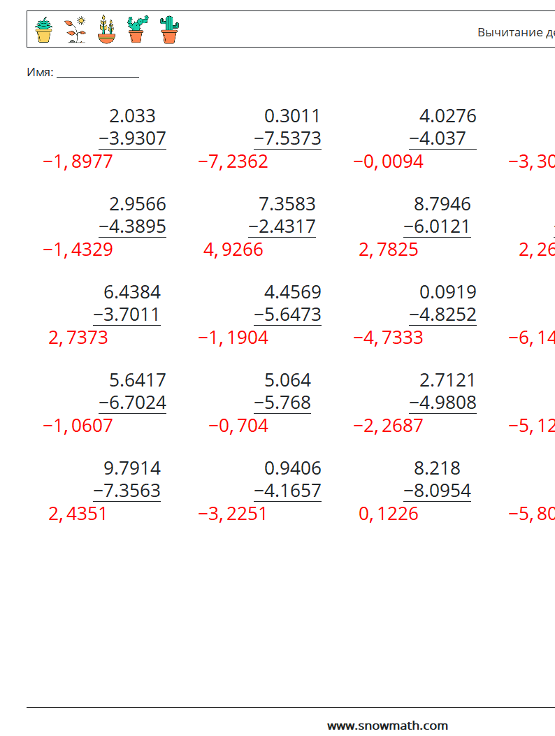(25) Вычитание десятичных знаков (4 цифры) Рабочие листы по математике 15 Вопрос, ответ