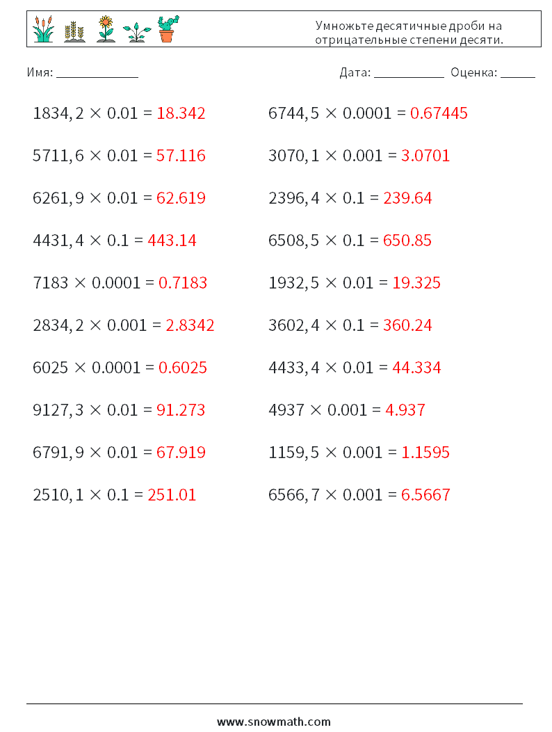 Умножьте десятичные дроби на отрицательные степени десяти. Рабочие листы по математике 7 Вопрос, ответ