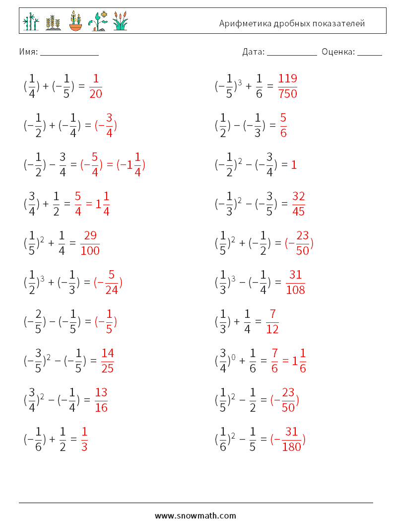 Арифметика дробных показателей Рабочие листы по математике 6 Вопрос, ответ