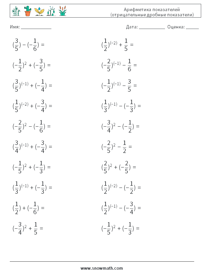  Арифметика показателей (отрицательные дробные показатели) Рабочие листы по математике 1