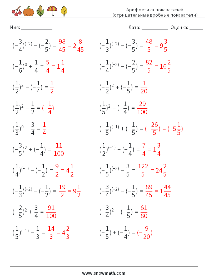  Арифметика показателей (отрицательные дробные показатели) Рабочие листы по математике 4 Вопрос, ответ
