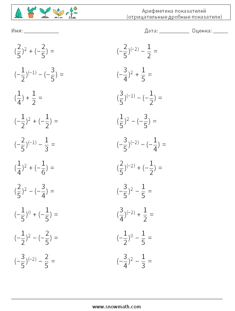  Арифметика показателей (отрицательные дробные показатели) Рабочие листы по математике 5