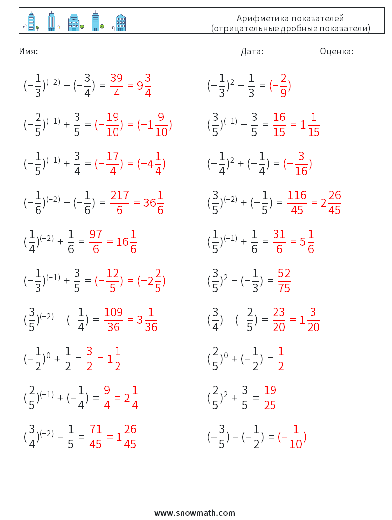  Арифметика показателей (отрицательные дробные показатели) Рабочие листы по математике 6 Вопрос, ответ