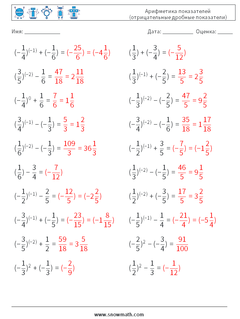  Арифметика показателей (отрицательные дробные показатели) Рабочие листы по математике 8 Вопрос, ответ