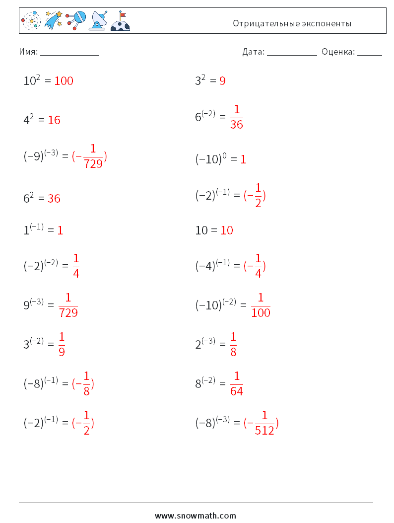  Отрицательные экспоненты Рабочие листы по математике 3 Вопрос, ответ