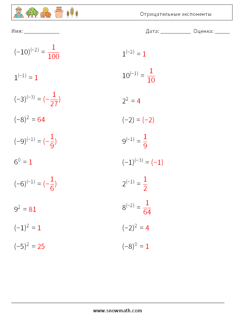  Отрицательные экспоненты Рабочие листы по математике 5 Вопрос, ответ