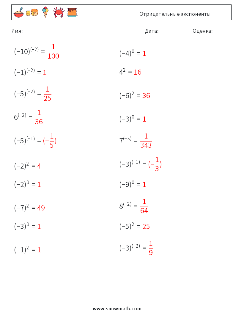  Отрицательные экспоненты Рабочие листы по математике 7 Вопрос, ответ