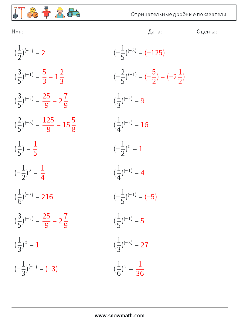 Отрицательные дробные показатели Рабочие листы по математике 3 Вопрос, ответ