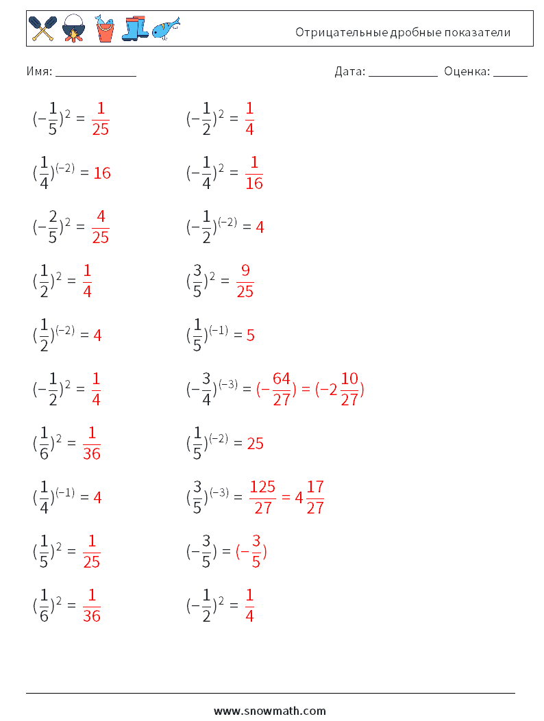 Отрицательные дробные показатели Рабочие листы по математике 5 Вопрос, ответ