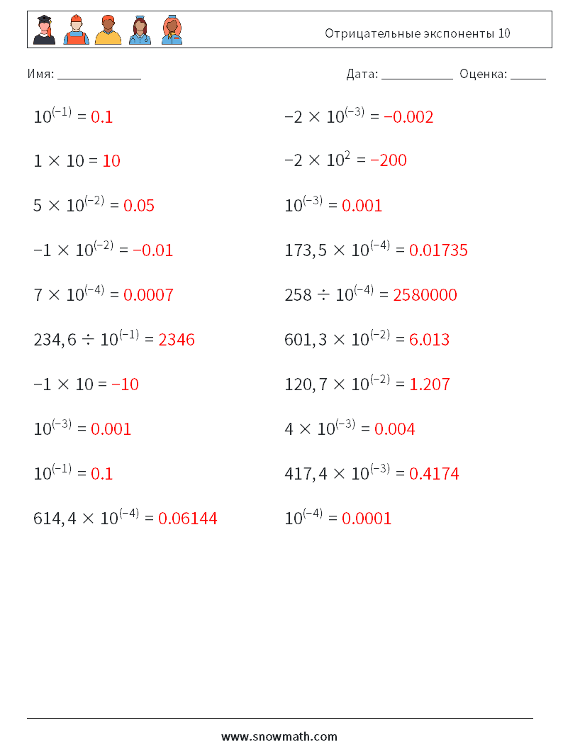 Отрицательные экспоненты 10 Рабочие листы по математике 4 Вопрос, ответ