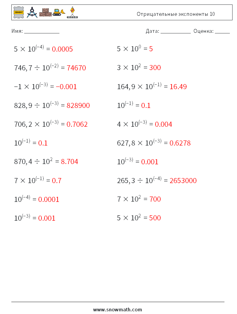 Отрицательные экспоненты 10 Рабочие листы по математике 5 Вопрос, ответ