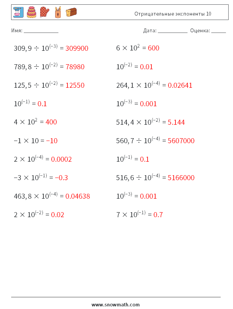 Отрицательные экспоненты 10 Рабочие листы по математике 6 Вопрос, ответ