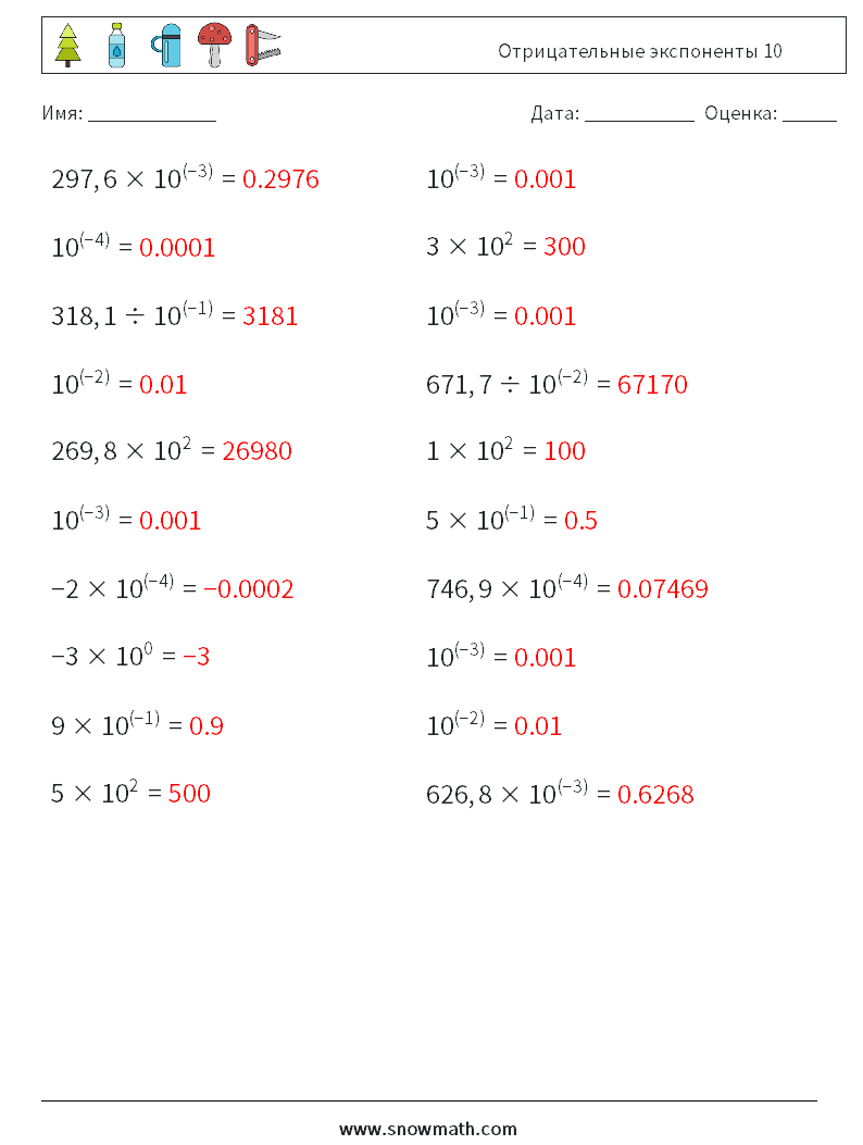 Отрицательные экспоненты 10 Рабочие листы по математике 8 Вопрос, ответ