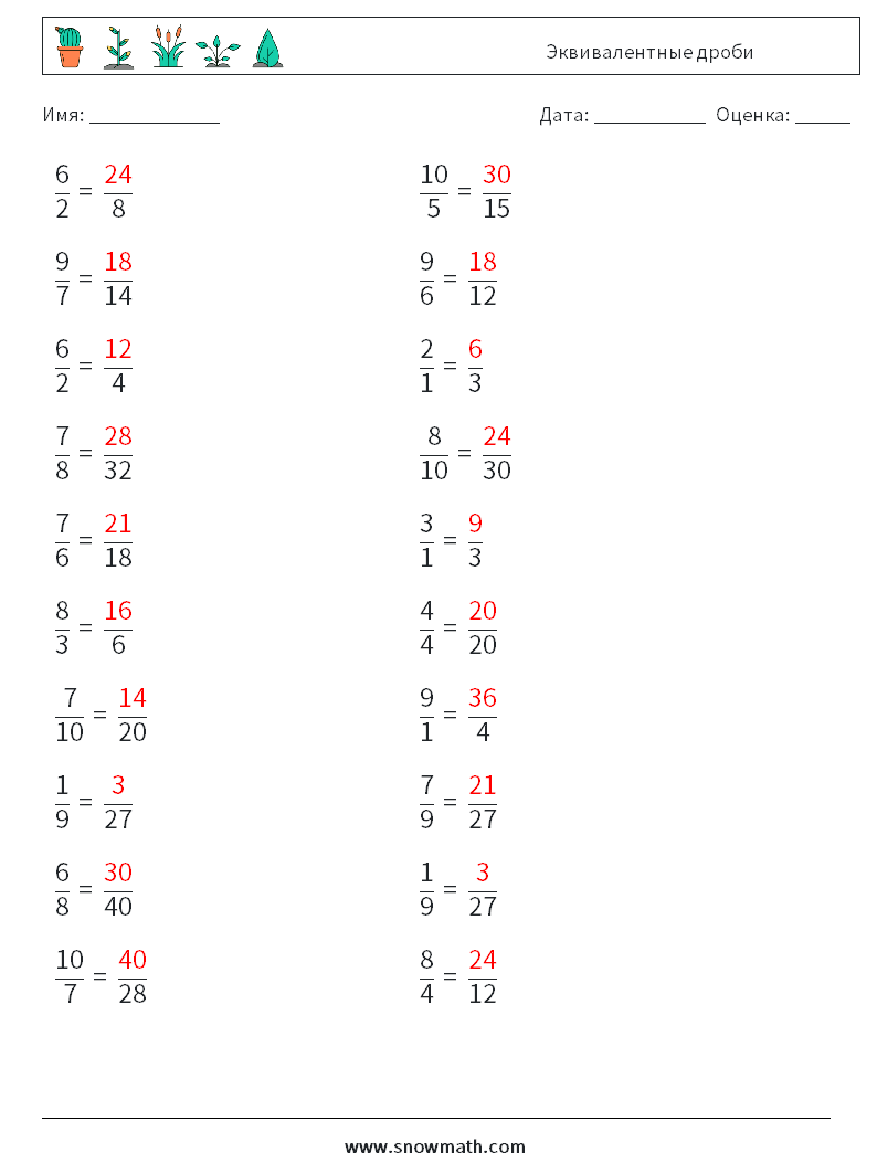 (20) Эквивалентные дроби Рабочие листы по математике 8 Вопрос, ответ
