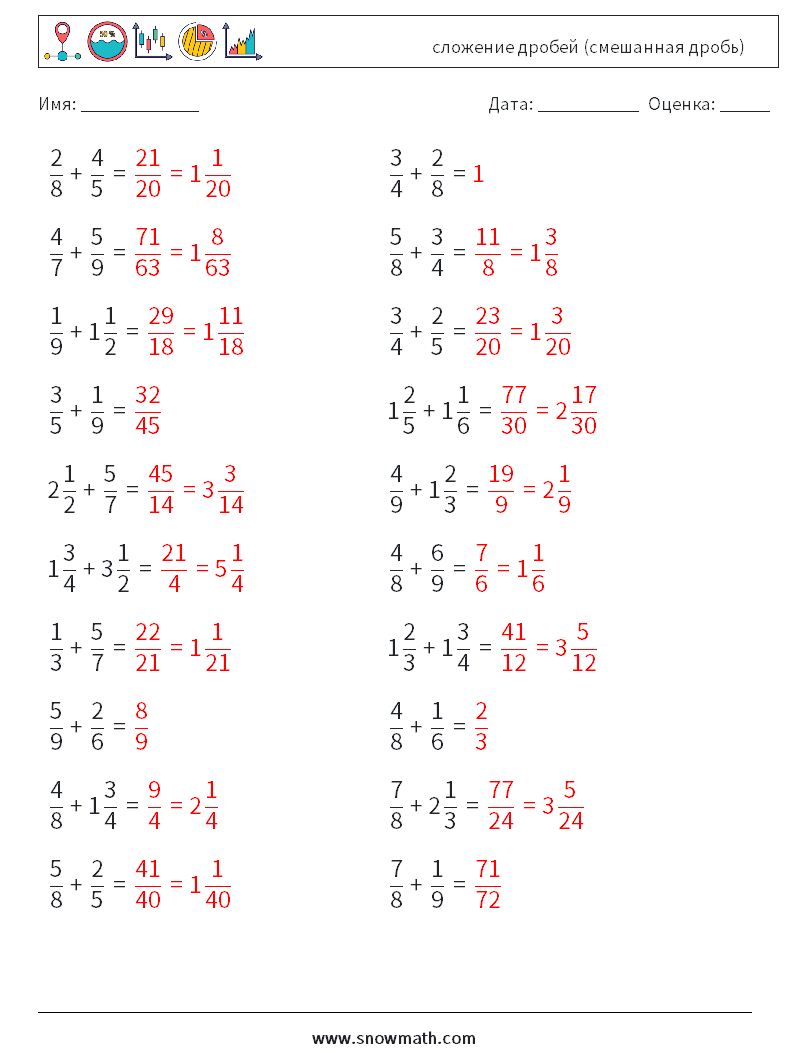 (20) сложение дробей (смешанная дробь) Рабочие листы по математике 12 Вопрос, ответ