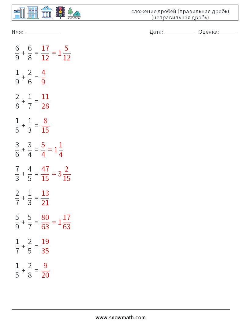 (10) сложение дробей (правильная дробь) (неправильная дробь) Рабочие листы по математике 11 Вопрос, ответ
