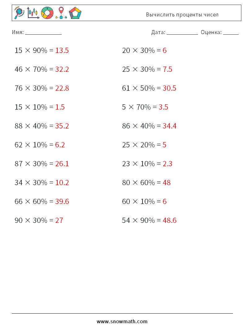 Вычислить проценты чисел Рабочие листы по математике 7 Вопрос, ответ