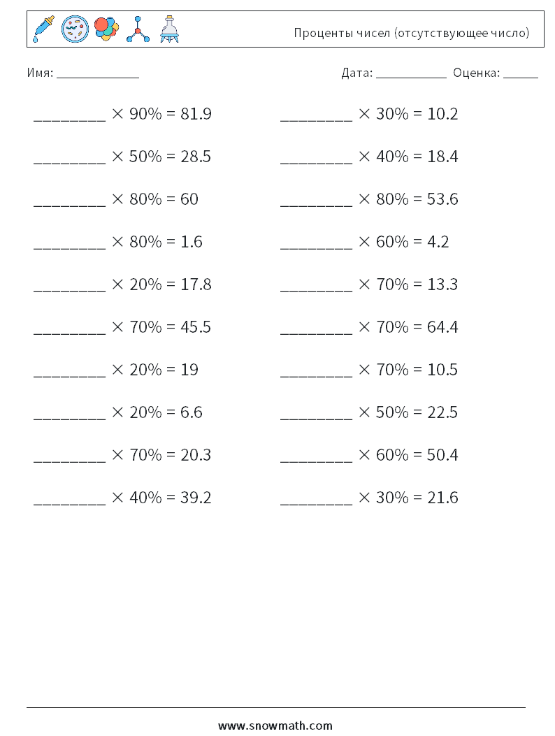 Проценты чисел (отсутствующее число) Рабочие листы по математике 8