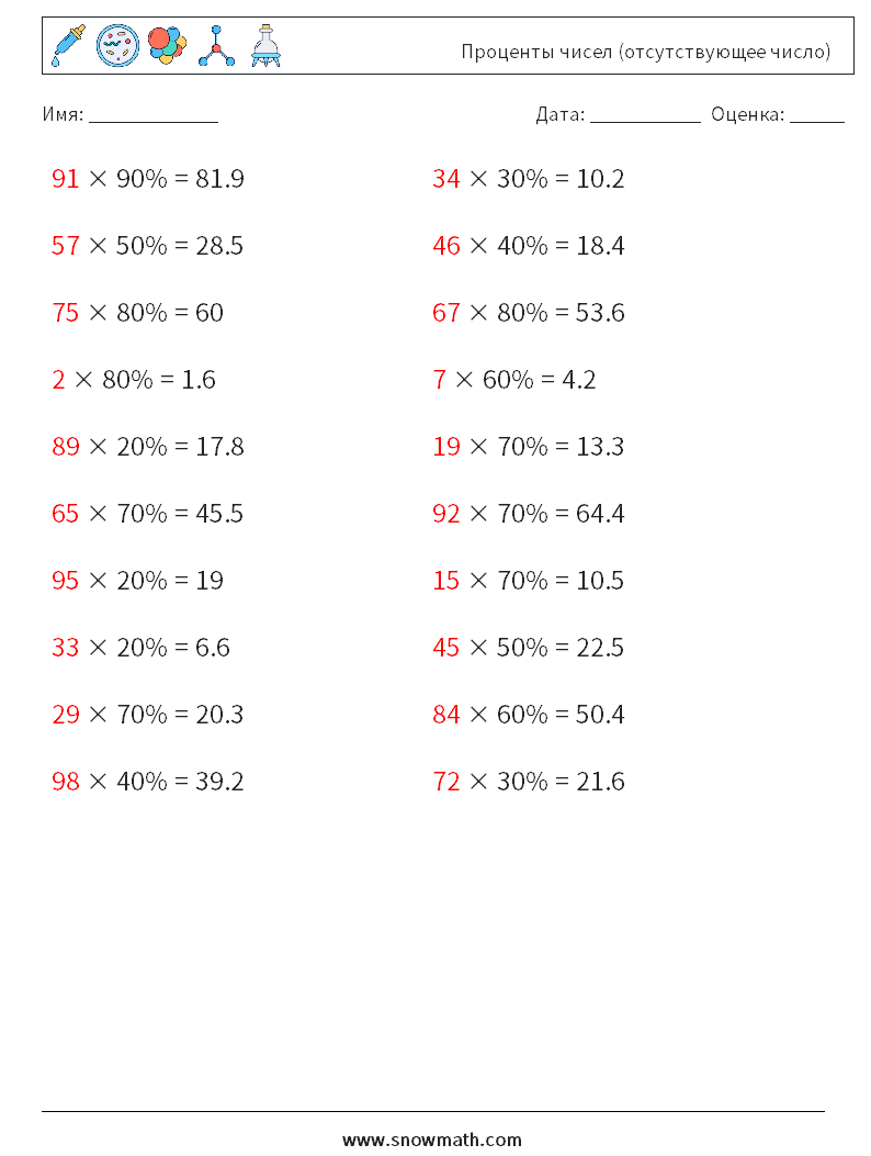 Проценты чисел (отсутствующее число) Рабочие листы по математике 8 Вопрос, ответ