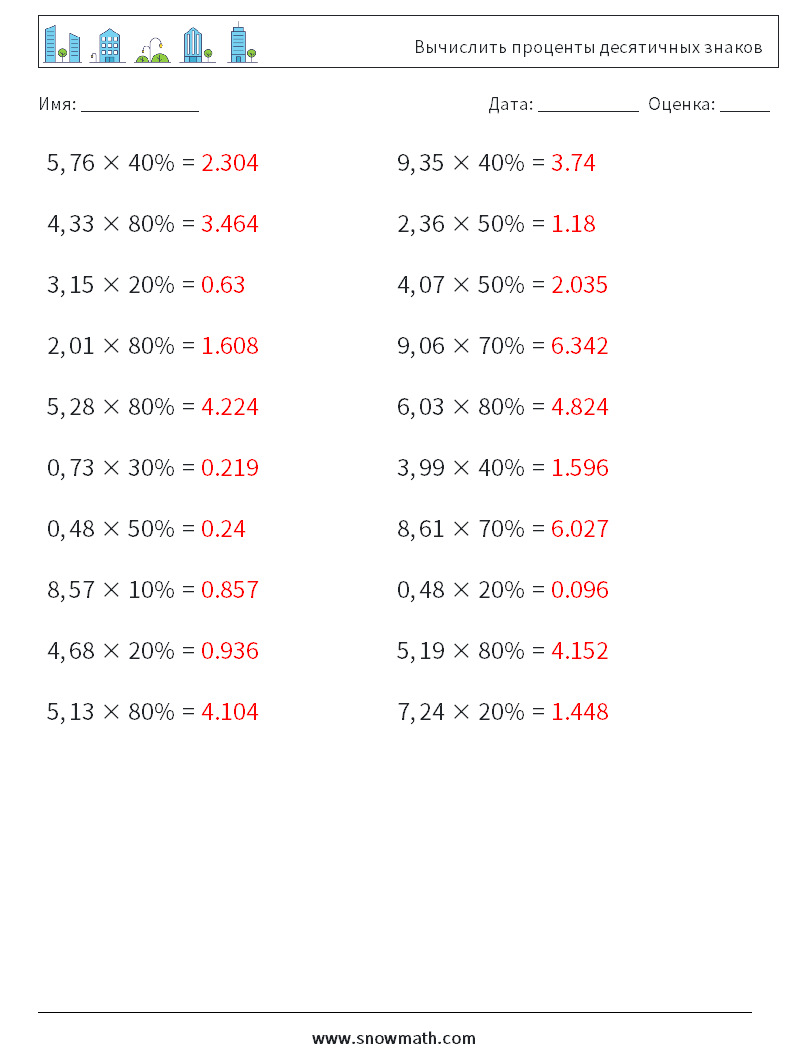 Вычислить проценты десятичных знаков Рабочие листы по математике 9 Вопрос, ответ
