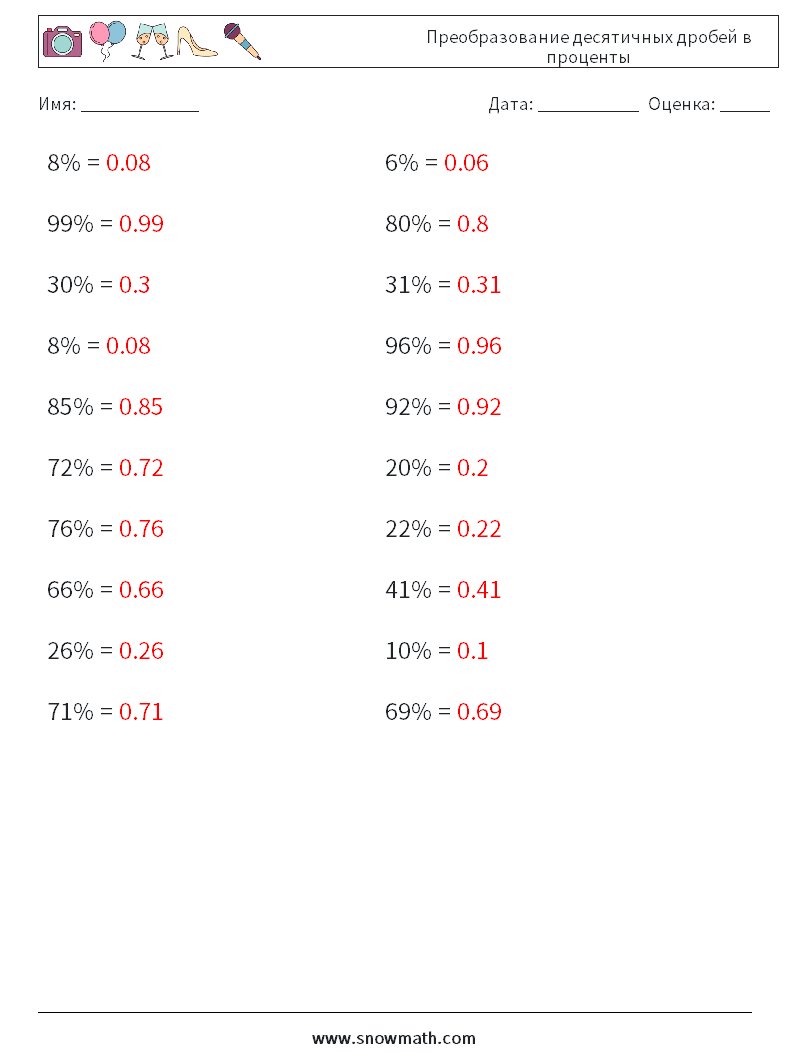 Преобразование десятичных дробей в проценты Рабочие листы по математике 5 Вопрос, ответ