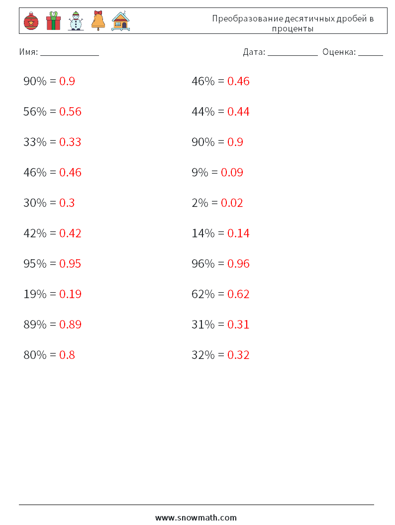 Преобразование десятичных дробей в проценты Рабочие листы по математике 9 Вопрос, ответ
