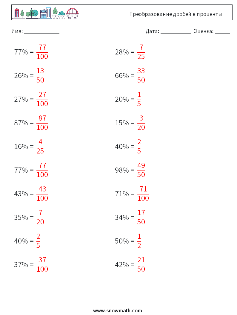 Преобразование дробей в проценты Рабочие листы по математике 3 Вопрос, ответ