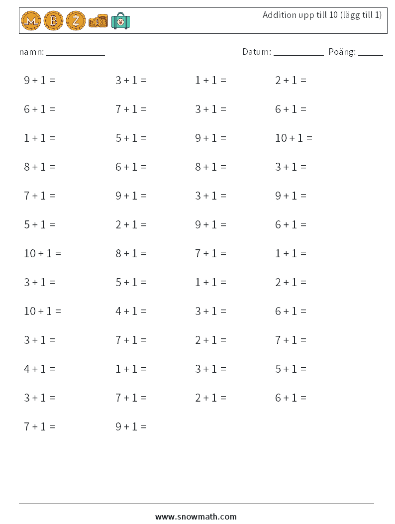 (50) Addition upp till 10 (lägg till 1) Matematiska arbetsblad 2