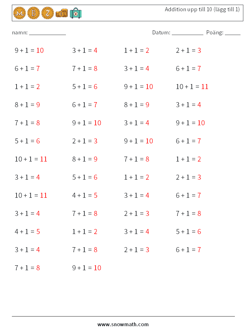 (50) Addition upp till 10 (lägg till 1) Matematiska arbetsblad 2 Fråga, svar