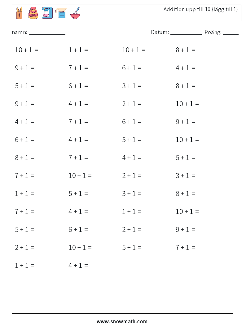 (50) Addition upp till 10 (lägg till 1) Matematiska arbetsblad 3